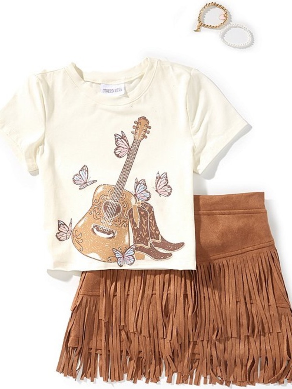 Tween Diva Girls Western Guitar Butterfly Fringe Skort Set Size 10 NWT